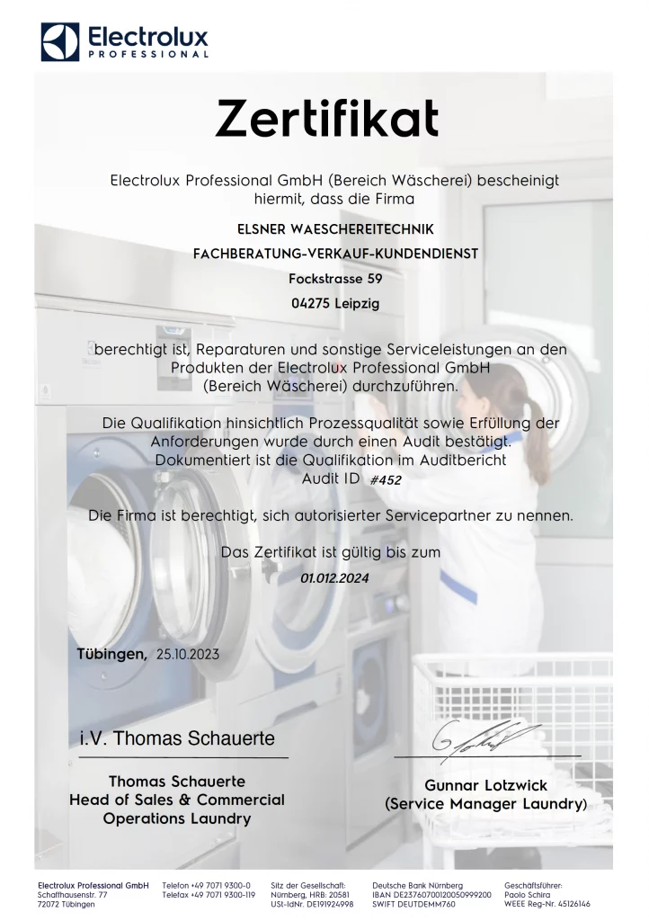 Elsner Waeschereitechnik Electrolux Professional Zertifikat 2024